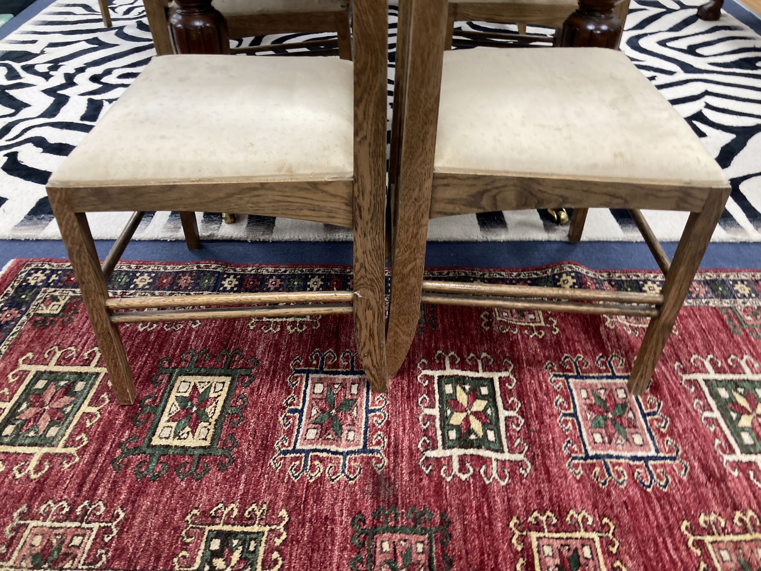 A set of six Macintosh style oak high back dining chairs. H-151cm.